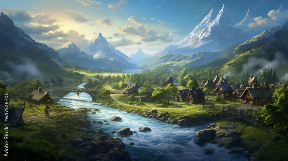 A fantasy landscape small village with a river