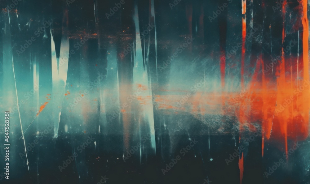 Grunge abstract background. Damaged screen. Orange glitch noise on blue scratched texture with dust, Generative AI - obrazy, fototapety, plakaty 