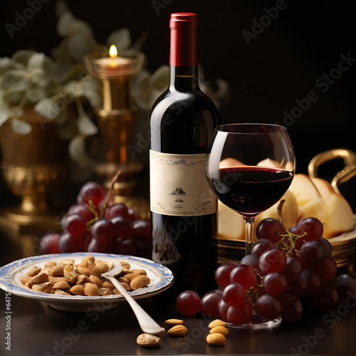 red wine bottle and glass. Wine bottle and fruits on a dark background