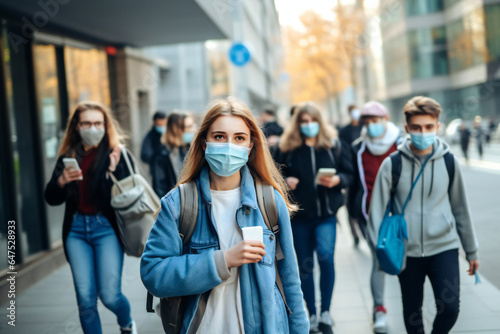 Students Wearing Protective Face Masks outdoors. Healthcare, Covid-19 Pandemic and Vaccination Campaign Concept