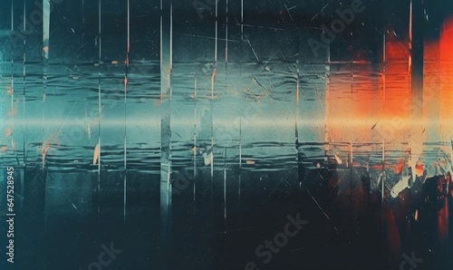 Grunge abstract background. Damaged screen. Orange glitch noise on blue scratched texture with dust  Generative AI