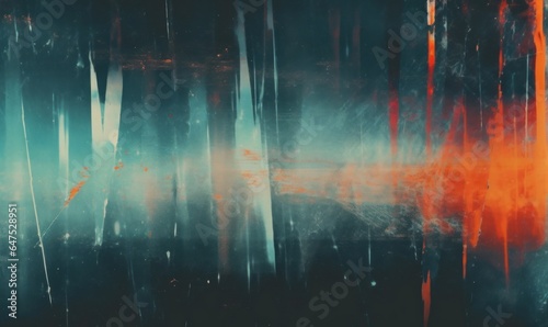 Grunge abstract background. Damaged screen. Orange glitch noise on blue scratched texture with dust, Generative AI