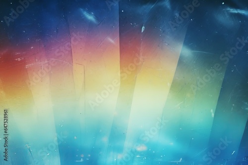 Distressed background. Colorful lens flare. Blue weathered faded stained glass with dust scratches texture smeared dirt blur rainbow light effect, Generative AI