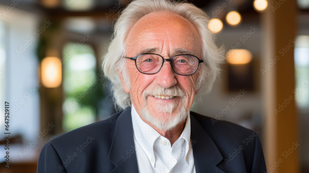 Smiling senior man posing inside a room looking at the camera