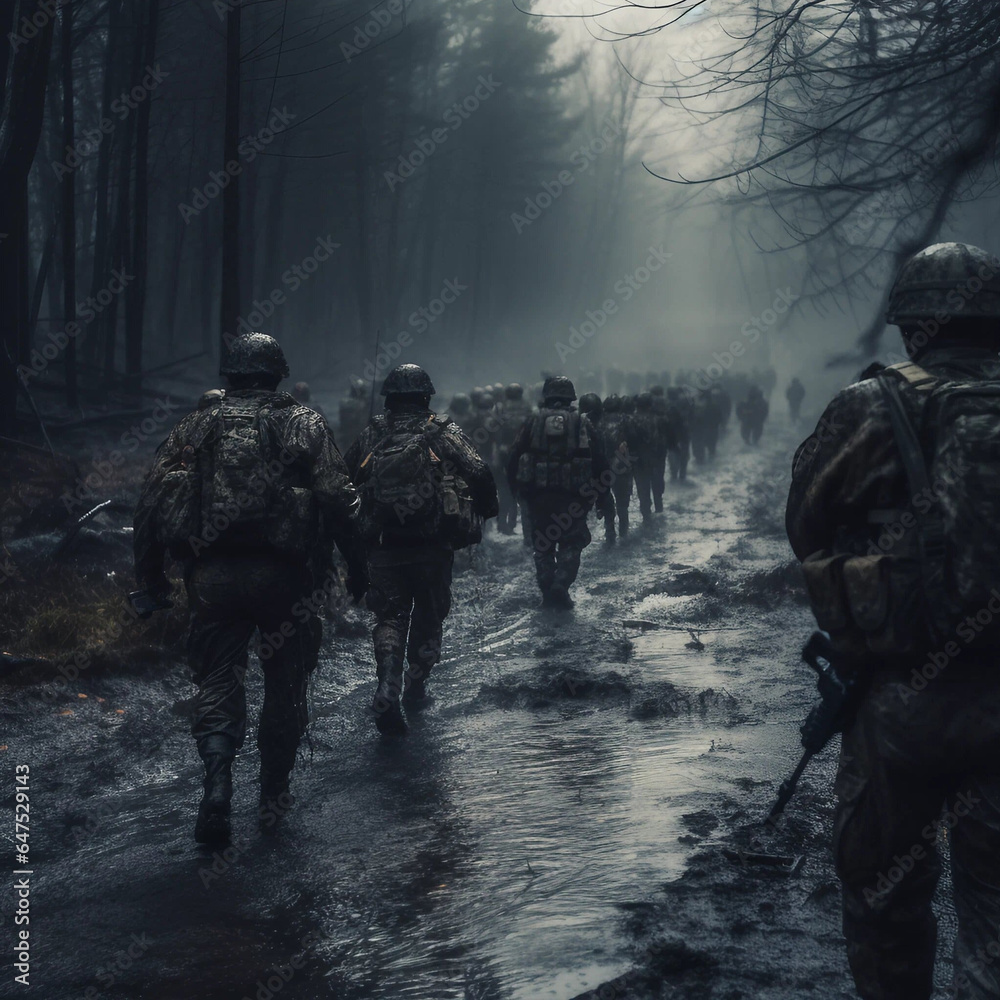 Modern-Day Soldiers Marching in Rain and Mud