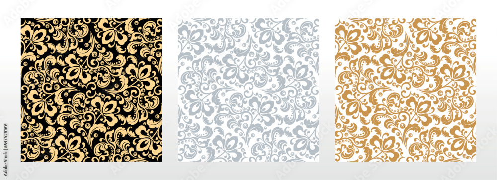 Wallpapers in the style of Baroque. Seamless vector backgrounds. Set of colored floral ornaments. Graphic patterns for fabric, wallpaper, packaging. Ornate Damask flower ornaments