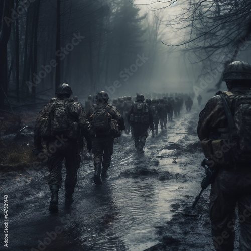 Modern-Day Soldiers Marching in Rain and Mud