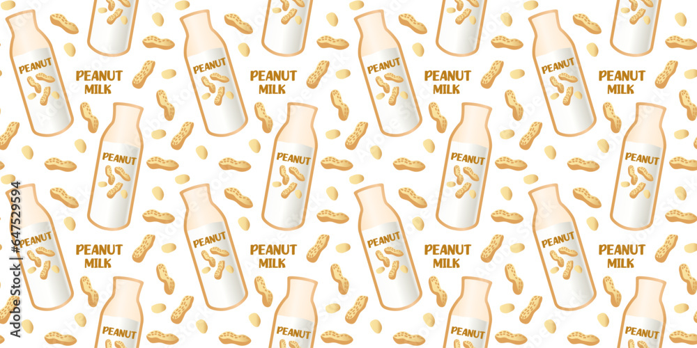 Peanut milk seamless pattern. Plant-based milk. Vegan products. Vector. Perfect for various projects like textiles, paper crafts, and more.