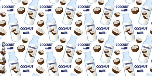 Coconut milk seamless pattern. Plant-based milk. Vegan products. Vector. Perfect for various projects like textiles, paper crafts, and more.