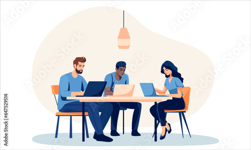 Flat vector illustration. A group of people, a girl and guys, working on a project. Concept of co-working and common task, teamwork. Vector illustration