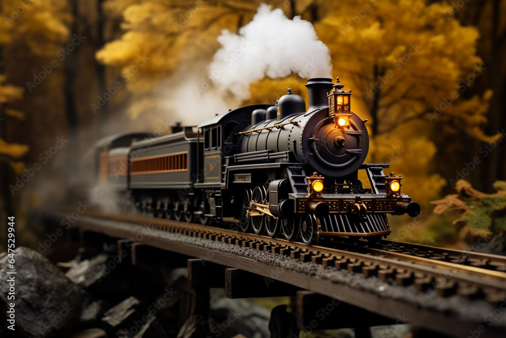 Miniature train bridge diorama, old steam train and carriage