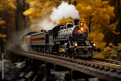Miniature train bridge diorama, old steam train and carriage