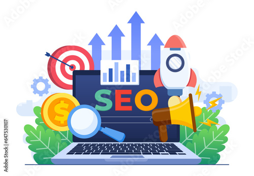 Search engine optimization concept flat illustration vector template, SEO growth, Browser search window on the laptop screen with a magnifier