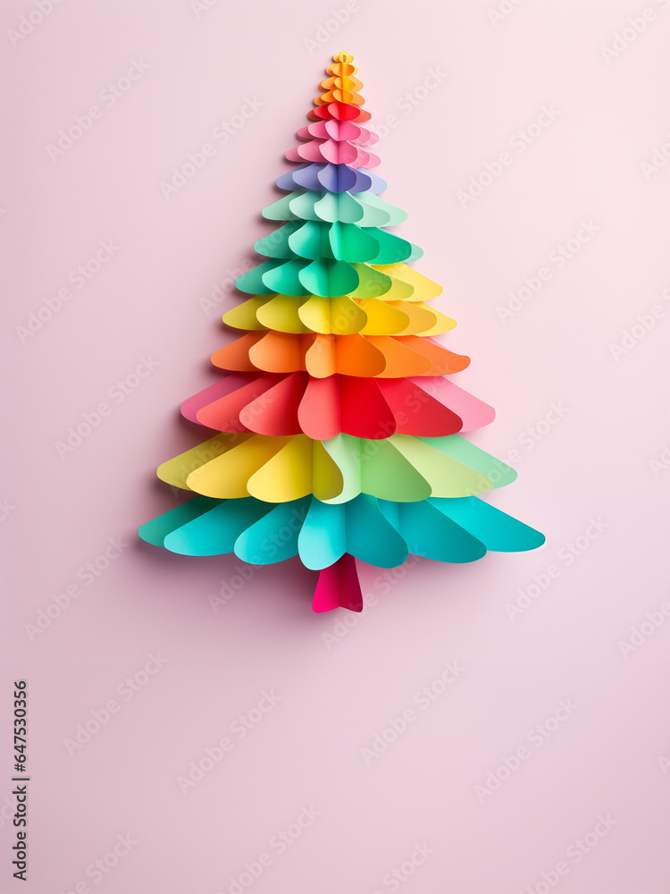 Rainbow paper cut christmas tree. Colorful christmas card. Generative AI
