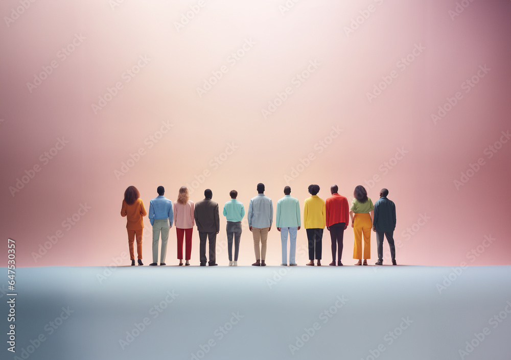 Colorfully dressed people standing in front of a pastel clean wall. Rainbow pastel colors. Generative AI Colorfully dressed people standing in front of a pastel clean wall. Rainbow pastel colors. Generative AI
