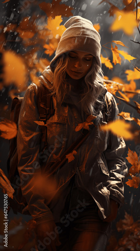 Autumn fall fashion model look with foliage rusted leaves background mock-up © Faizah