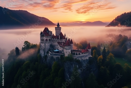 Beautiful european fairy tale castle, sunrise autumn soft light, built on the top of the mountain.