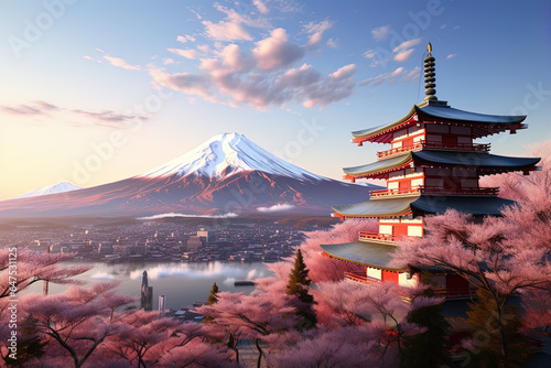 Chreito, Fujiyoshida, Japan's picturesque landscape and iconic Mount Fuji, colorful cherry trees, Sakura.