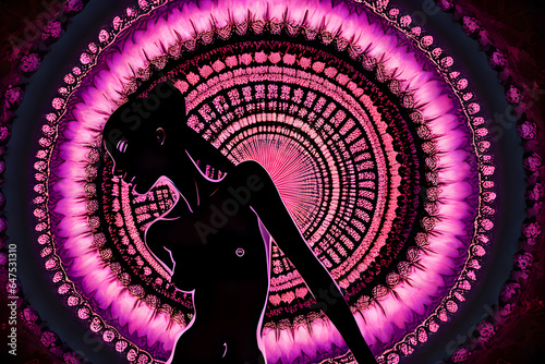 illustration of naked woman's silhouette against a psychedelic background of pink and black textured spirals