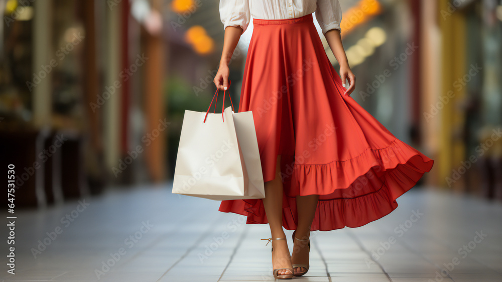 Shopping in woman carries her purchases, of fashion and modern lifestyle. A fashionable lady, carrying bags full of trendy clothing, walks confidently through the city streets shopaholic.