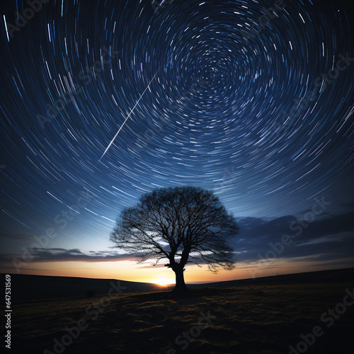 Star trails around celestial pole and nature silhouettes. Created with generative AI technology.