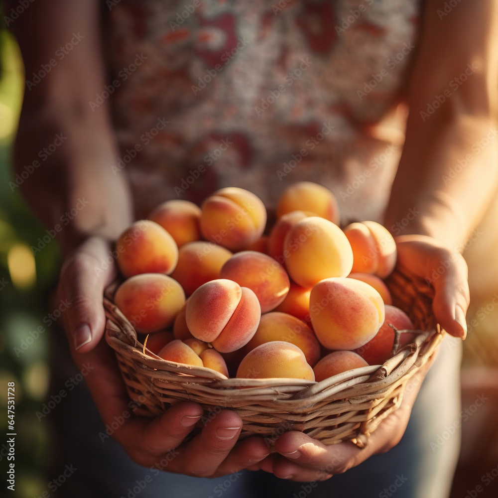 Farmer with fresh apricots. Created using generative AI tools.