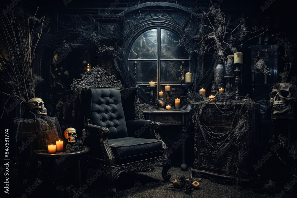 Dark haunted house decoration for Halloween party background with Pumpkin candle in Spooky Night, ghost day design concept, Horror creepy Houses scene.