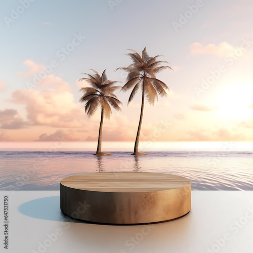 Wooden podium on a sandy beach with a coconut tree, against a bright backdrop