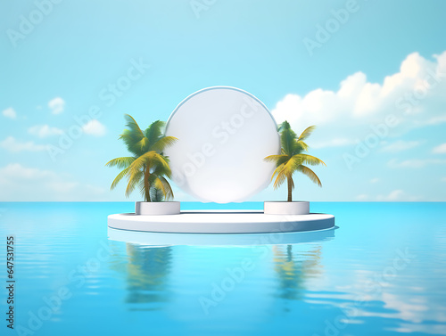 White podium display in the middle of a beach with a tropical island and the sea in the background
