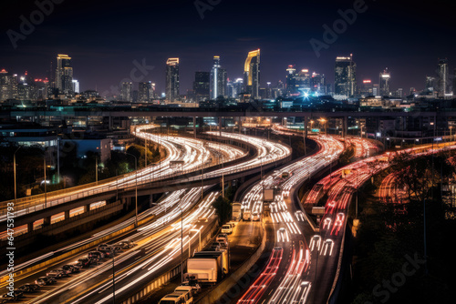 Aerial view of Road Traffic jam on multiple lane highway with speed light trail from car background, Expressway road junction in metropolis city center at night scene.