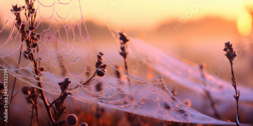 Spider web with dew on grass with brown lupine