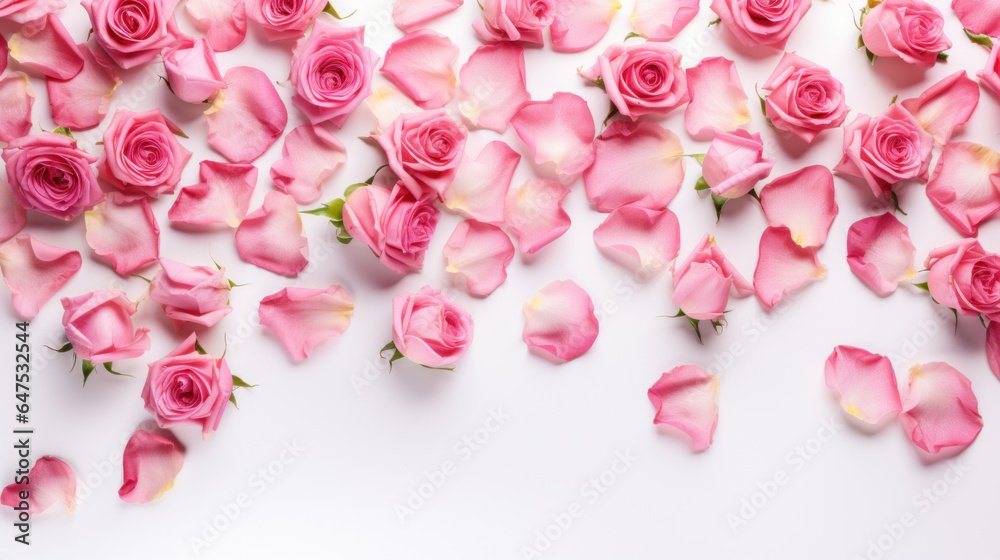 Obraz premium Close up of blooming pink roses flowers and petals isolated on white table background. Decorative web banner.