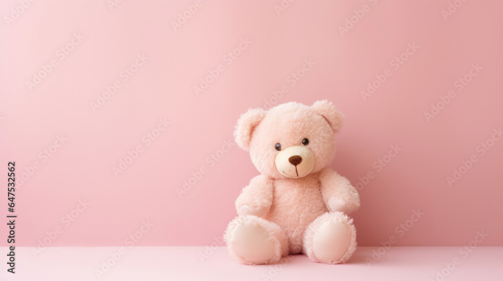 Toy bear peluche on pale pink background with copy space Toy bear peluche on pale pink background with copy space