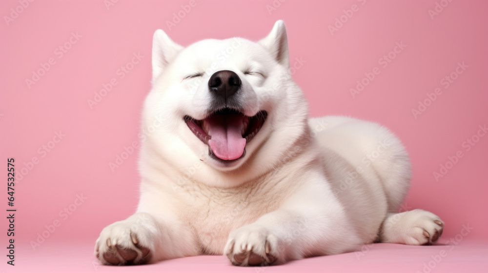 Fat laughing white dog on pink background Fat laughing white dog on pink background