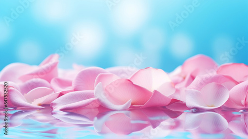 Сlose up photo, pink rose petals isolated on soft blue background
