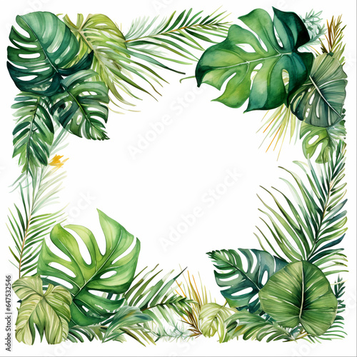Tropical palm leaves square frame watercolor  Generative Ai
