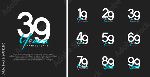 set of anniversary logo flat white color number and blue text on black background for celebration