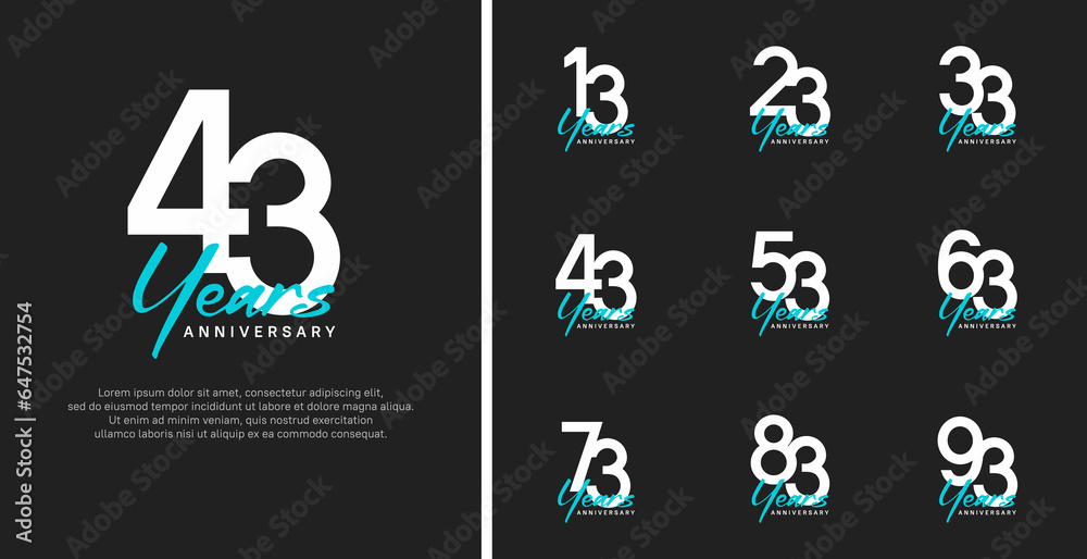 set of anniversary logo flat white color number and blue text on black background for celebration set of anniversary logo flat white color number and blue text on black background for celebration