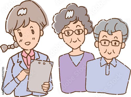 ケアプランの説明を受ける、おばあさんとおじいさん