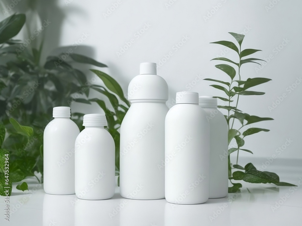 A set of five white cosmetic bottles, standing on a floor, surrounded by a lush array of medical plants. A set of five white cosmetic bottles, standing on a floor, surrounded by a lush array of medical plants.