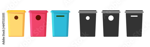 Recycling bin garbage trash can icon vector graphic pictogram set, separate segregate waste container box flat red blue yellow illustration, rubbish reuse basket eco dustbin image clipart