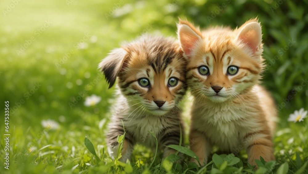 two little kittens sitting on the grass
