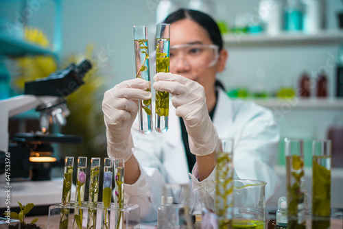 Asian woman scientist plant science laboratory research, biological chemistry test, green nature organic leaf experiment in test tube.