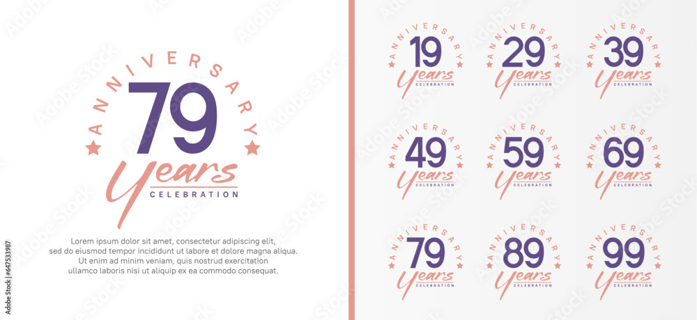 set of anniversary logo flat purple color number and pink text on white background for celebration
