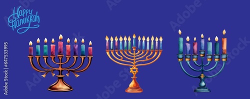 Hanukkah menorah isolated. Set of traditional Jewish holiday symbol. Watercolor design.