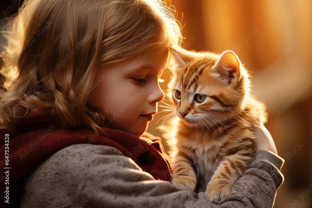 Little Girl Hugging her Cat with Warm Light Background, Kid Hugs a Stray Cat to Conveying a Sense of Love. Little Girl Hugging her Cat with Warm Light Background, Kid Hugs a Stray Cat to Conveying a Sense of Love.