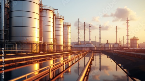 Storage tanks for oil and gas refineries Industrial structures and giant tanks nearby.