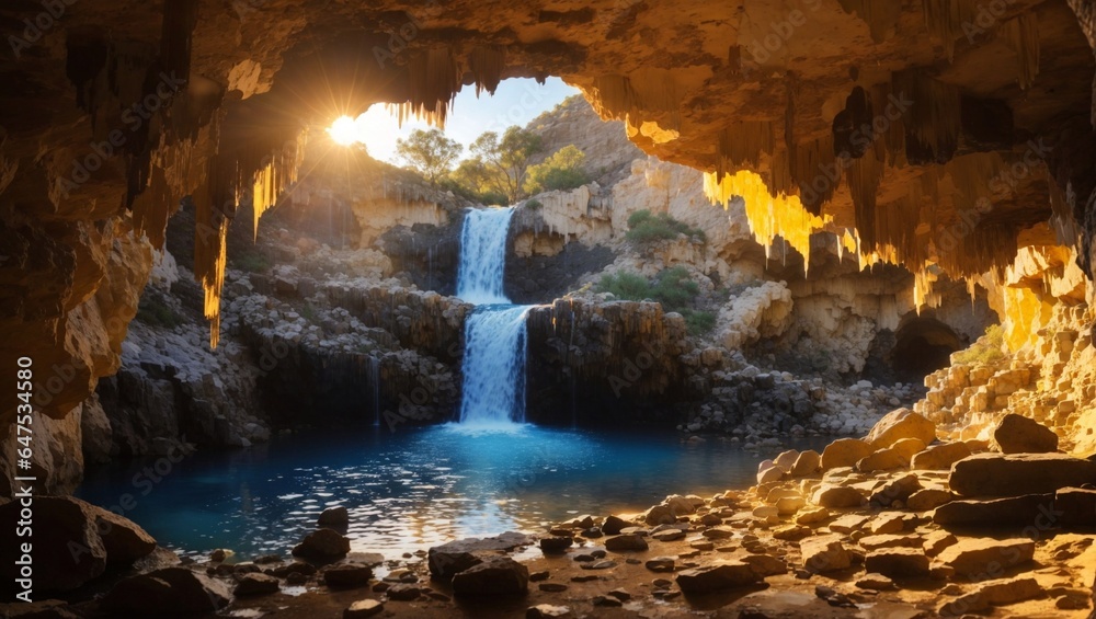 waterfall in the cave with sunset view