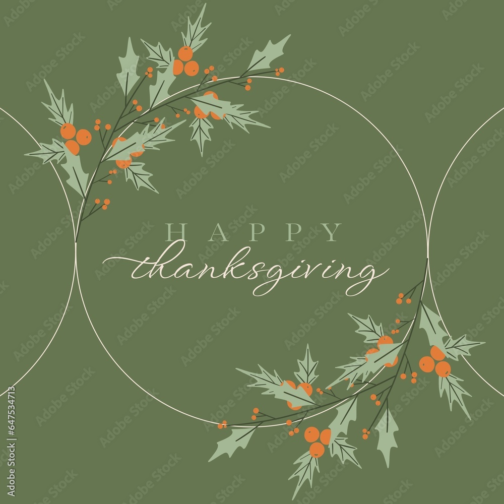Fototapeta premium Composite of happy thanksgiving text over autumn leaves on green background