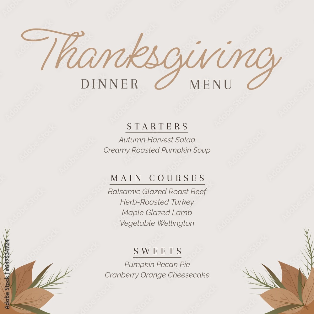 Composite of thanksgiving dinner menu text over autumn leaves Composite of thanksgiving dinner menu text over autumn leaves
